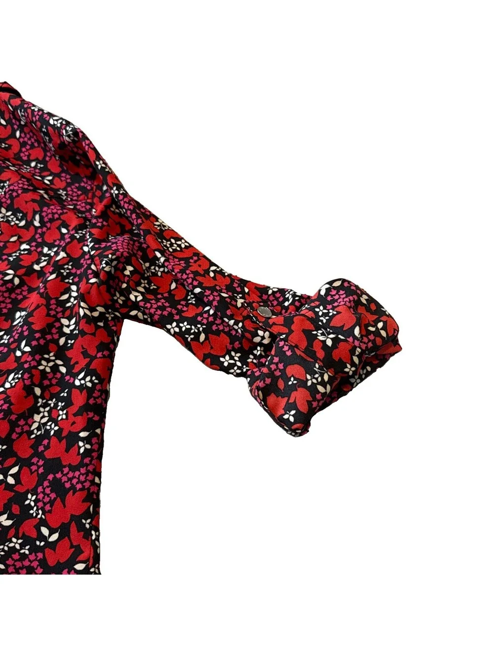 Michael Kors Floral Red Roll-Tab Long Sleeve Zipper Blouse Silver Hardware XXS
